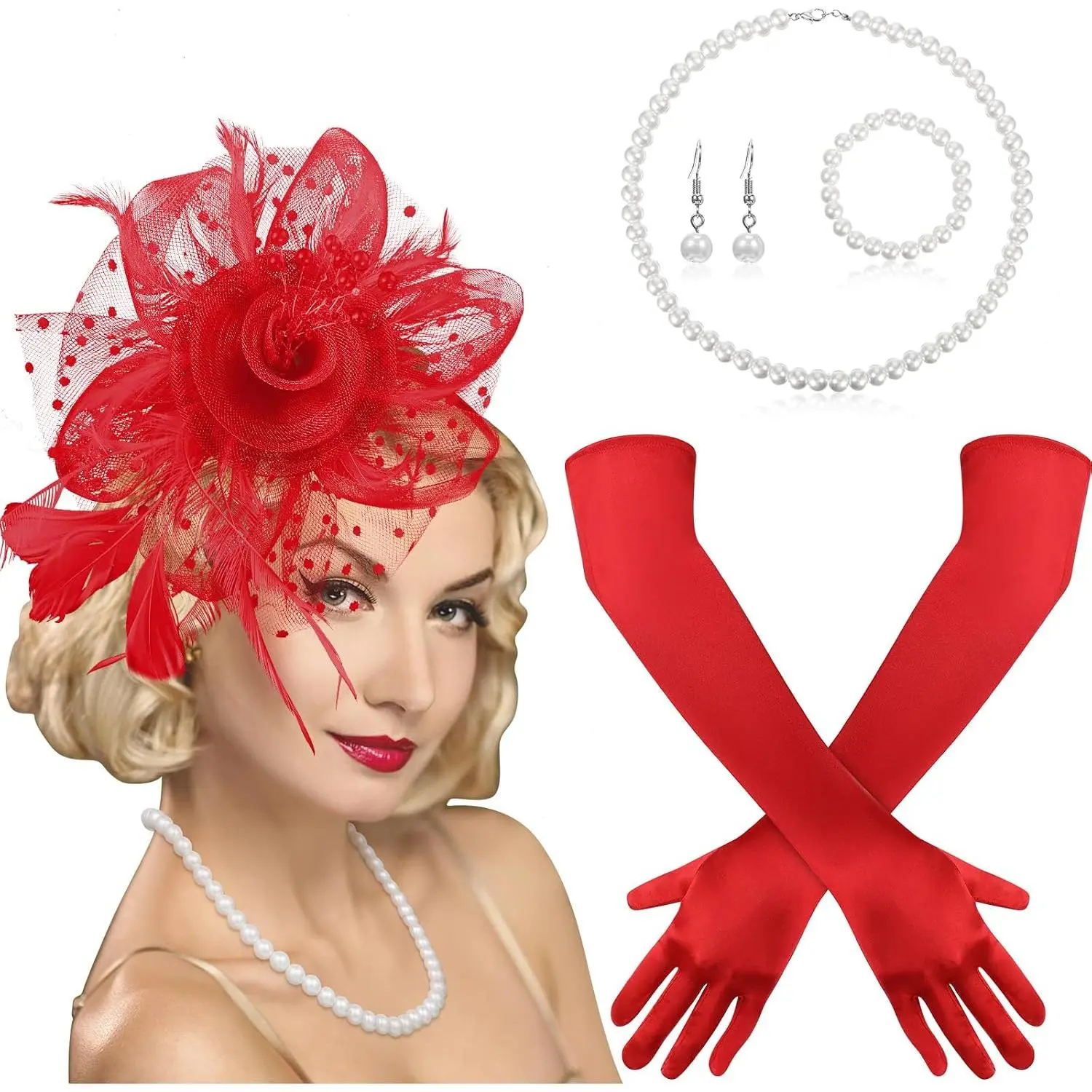 5 count  Party Accessories for Women 1920s Fascinators Hat Feathers and Gloves Veil Mesh Headband Derby