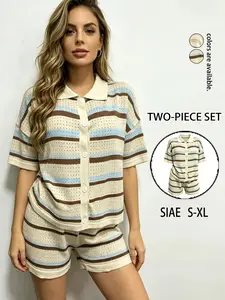 New Spring Summer Women's Fashion Set, Knit Patchwork Collar Striped Short Sleeve Top and Shorts, Trendy for Daily Wear