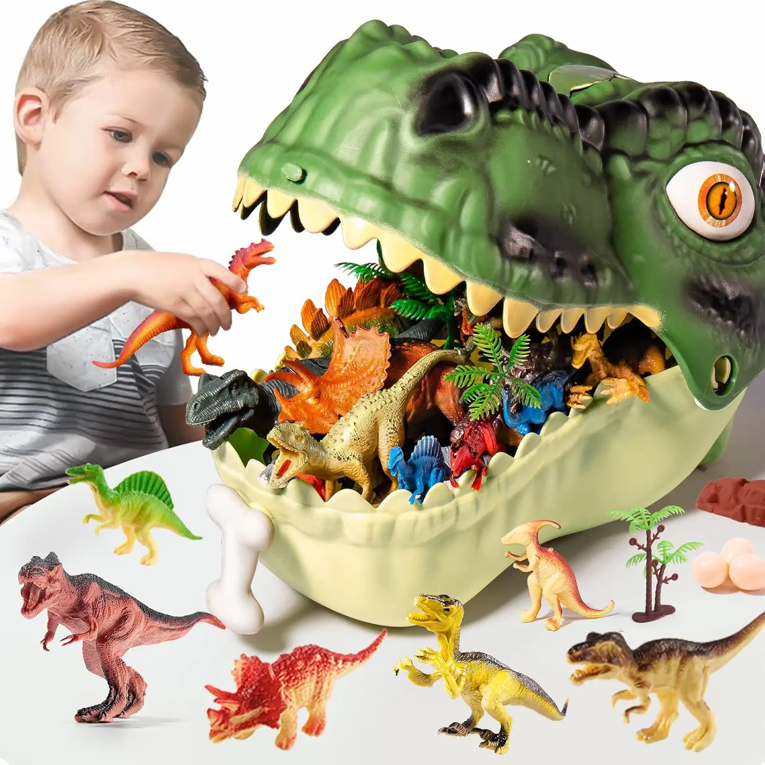 45PCS Realistic PVC Plastic Jurassic Dinosaur Action Figure Playset for Kids 3-5, Educational Toy with Eggs+Rocks+Tree Set, Fence, 6x5.5in, 12x3in & 11.4x7.1x7.1in Pieces, Jurassic Fun Gift for Toddlers