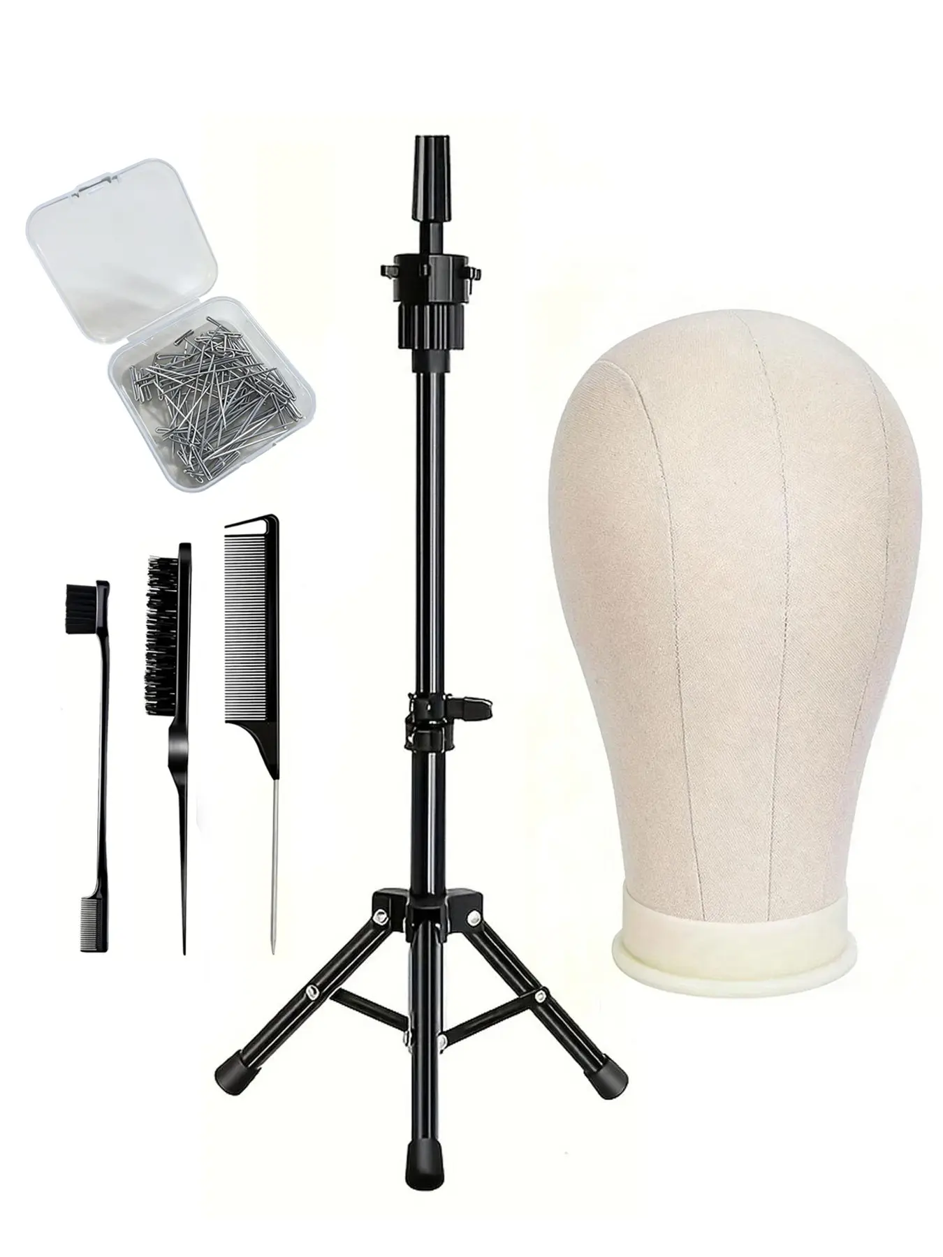 Wig Head Wearing doll heads with wig stands and tripods for wig styling practice and wig making demonstrations. The canvas doll head set includes a doll head model, tripod stand, T-pin set, and three piece brush set. Mannequin Head