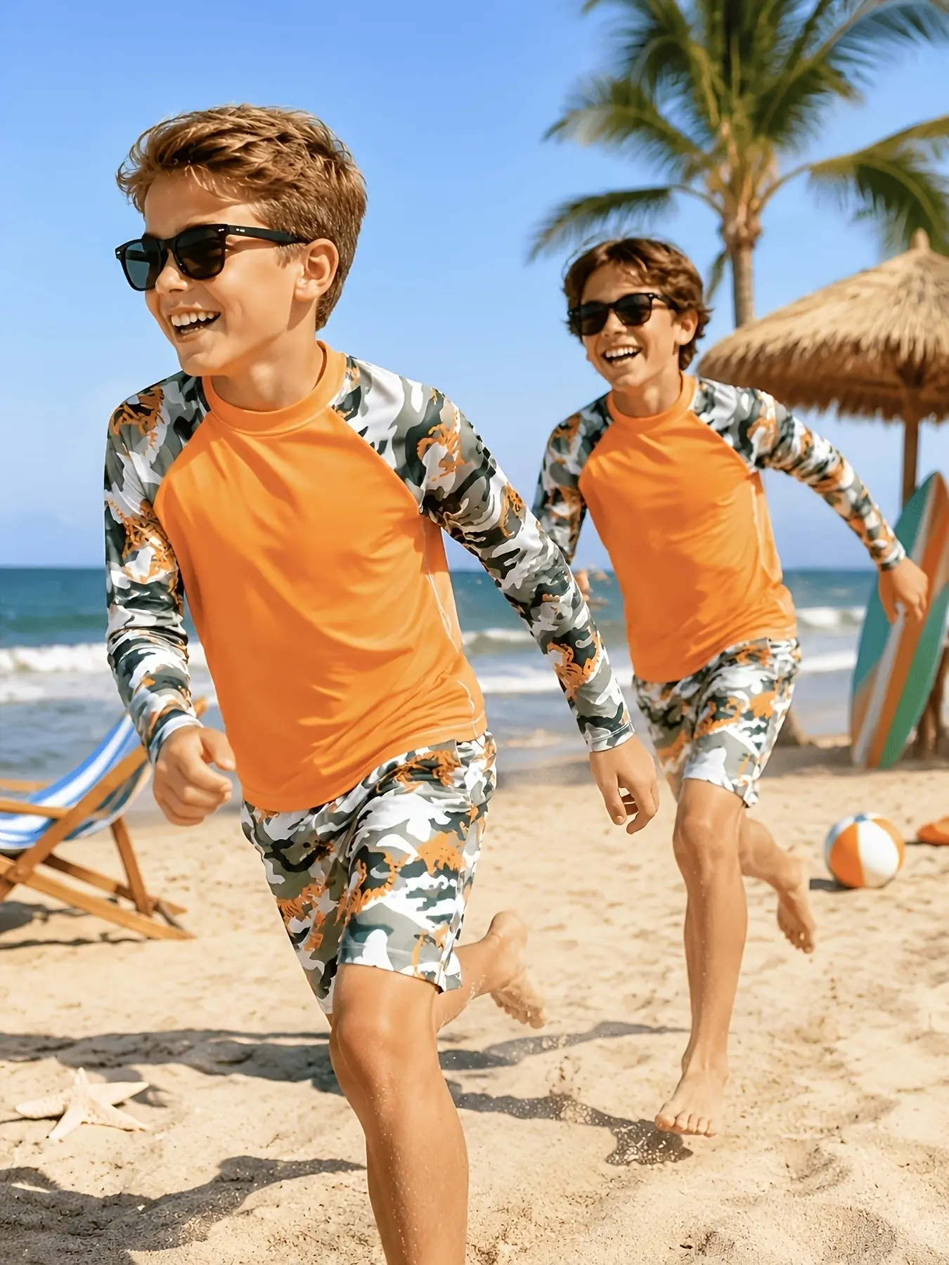 Boys' Bright Camouflage Surf Suit Set, Quick-Dry Separated Swimwear, Beach Surfing Swimsuit, Kids' Coastal Clothing