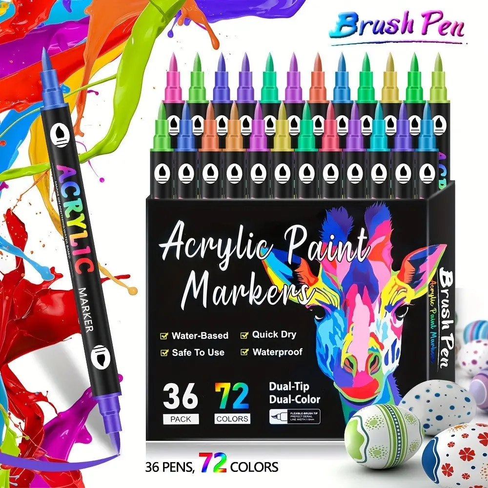 Tanmit Acrylic Paint Marker, Dual-Ended Brush Pen with Dot Tip and Fine Tip, Ideal for Fabric, Rock, Wood, Glass, Egg, Scrapbook, DIY Crafts