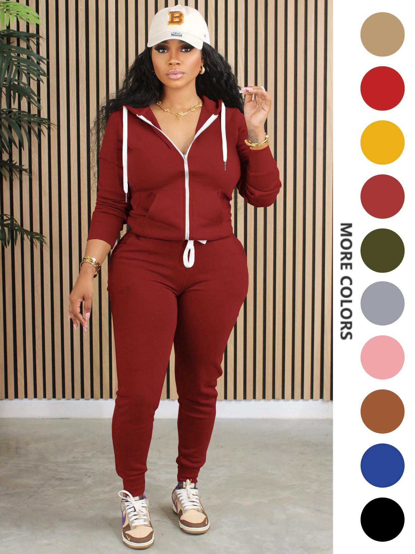 Two-Piece Set Women's Solid Zip Up Fitted Hoodie & Drawstring Waist Pants, Casual Long Sleeve Hooded Sweatshirt & Pocket Trousers for Spring & Fall, Women's Clothes for Daily Wear, Casual Fashion Set