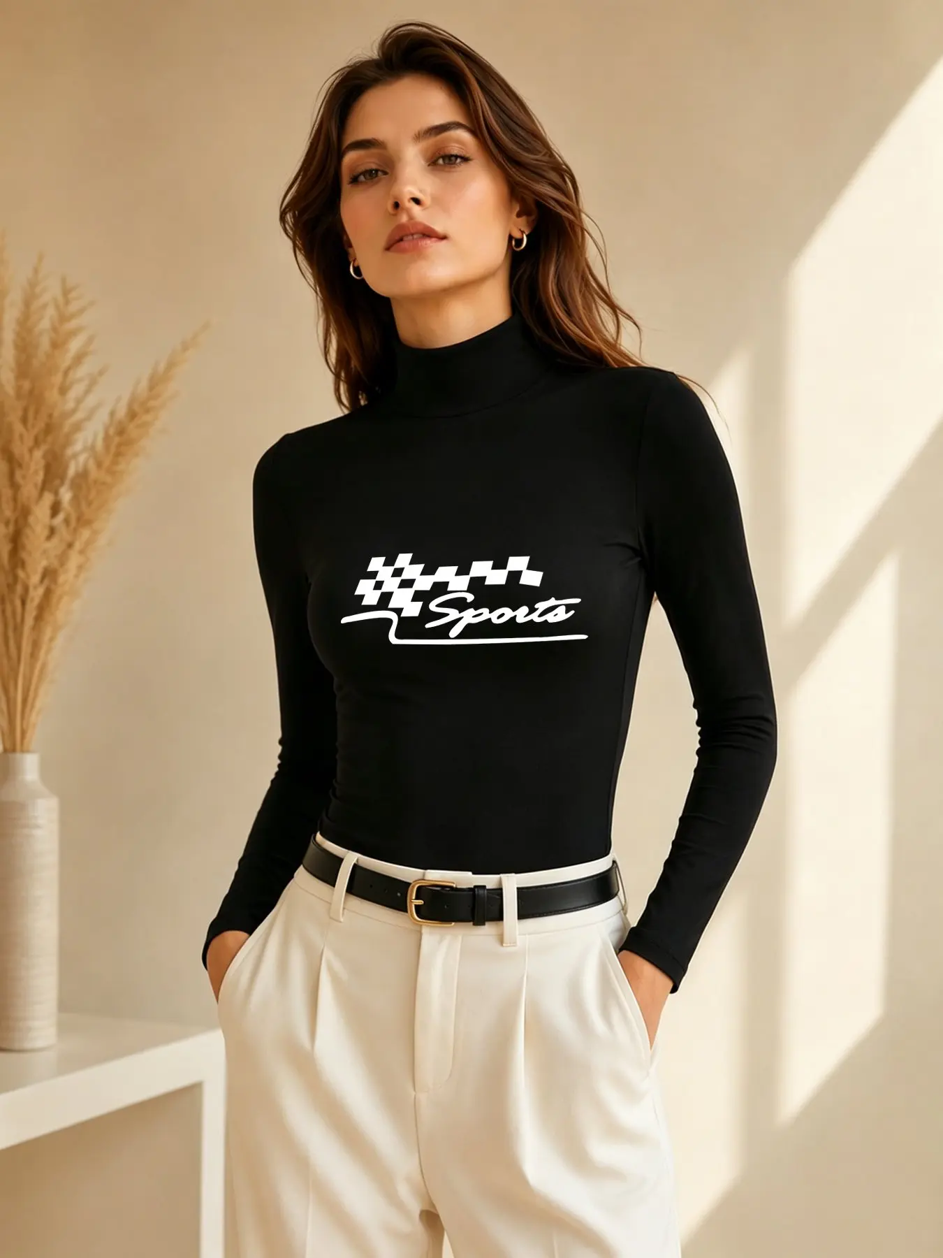 Fleece Lined Autumn Winter Solid Color Mock Neck Long Sleeve Base T-Shirt, soft and casual, great for daily wear & layering, printed with light tone Sports design, versatile casual sport style