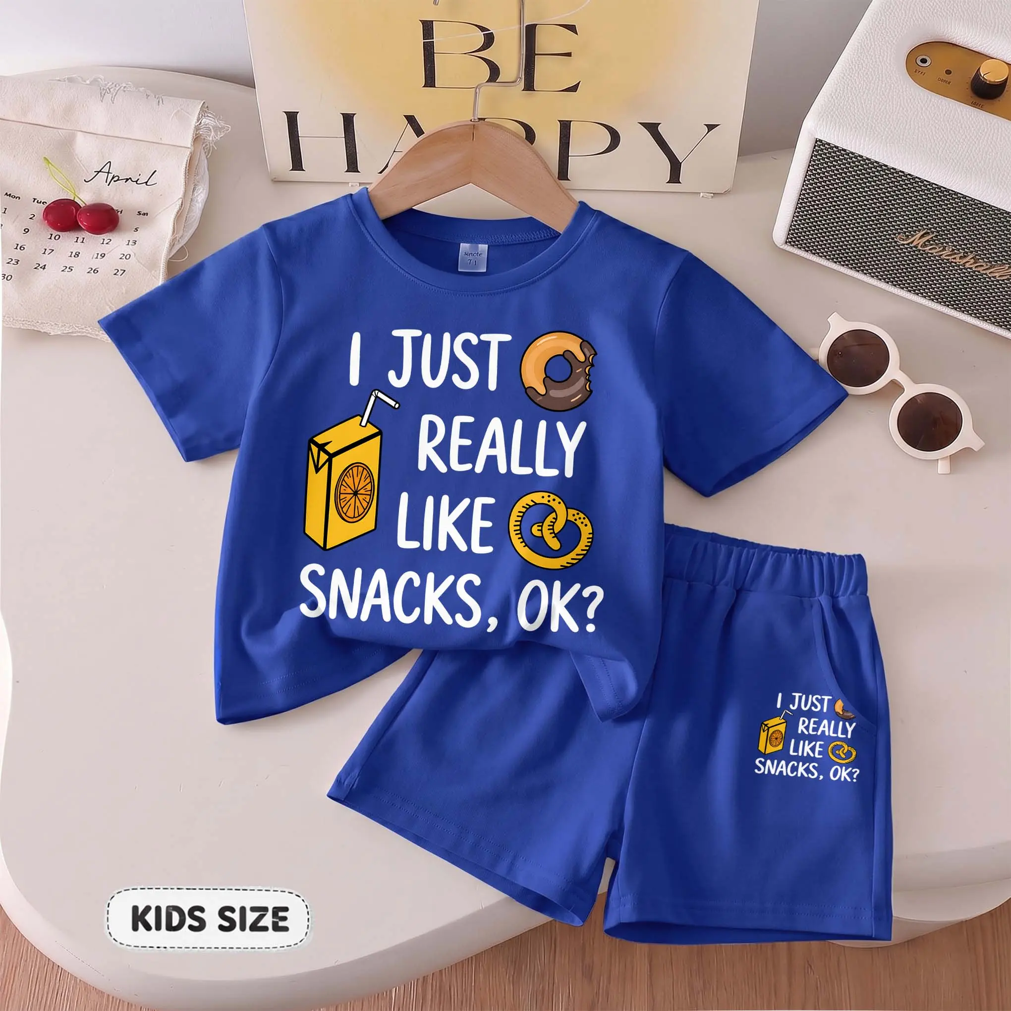 Kids’ “I Just Really Like Snacks, Ok?” Cartoon Print Short-Sleeve T-Shirt And Shorts Set—Casual Summer Kids' Clothing. This Round-Neck Outfit Combination Is Perfect For Everyday Wear And Outdoor Play.