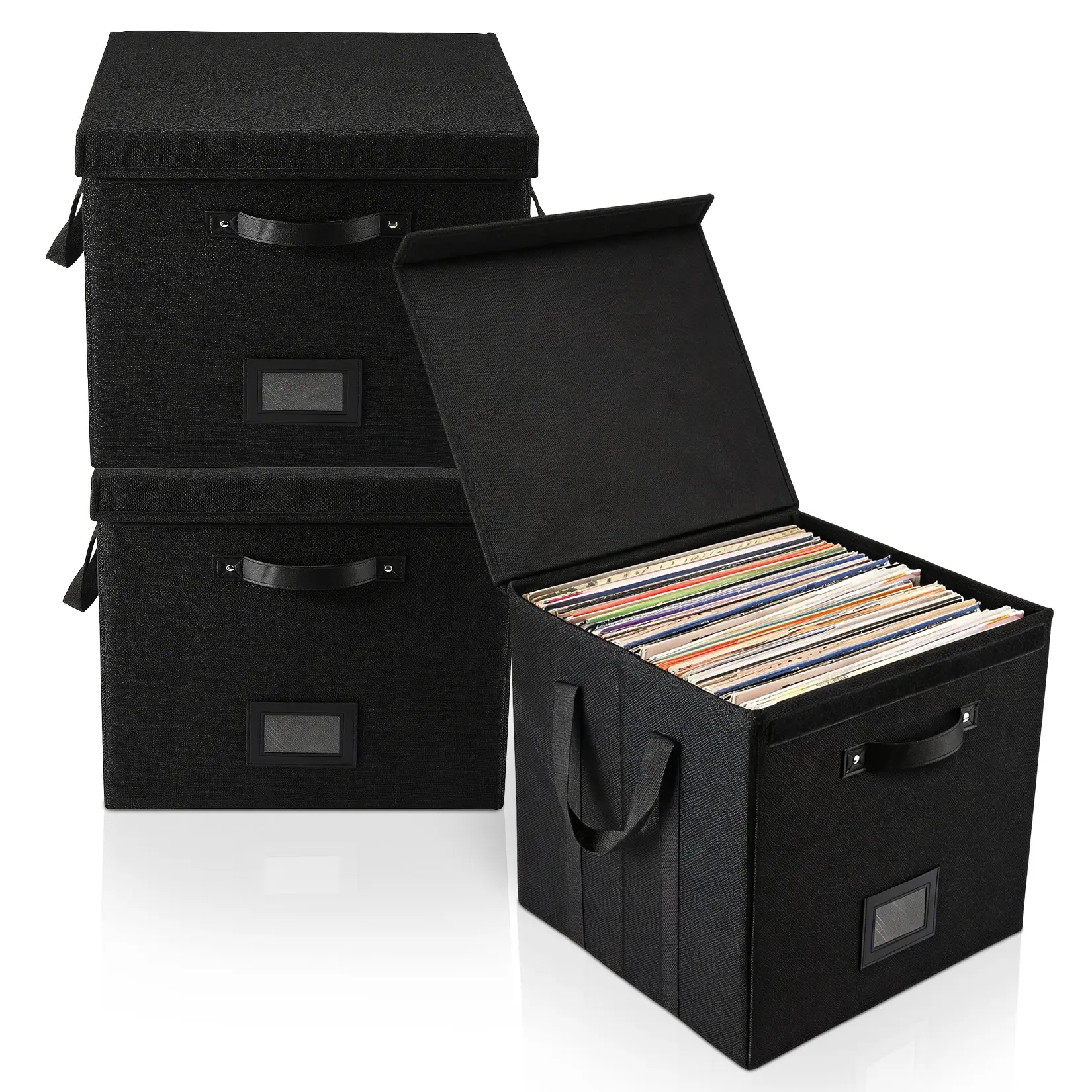 Set of 3 Vinyl Record Storage Box, 13 Inch Organizer with Lid, Non-Woven Stackable Record Holder with Handles, Record Album Storage for Vinyl Records
