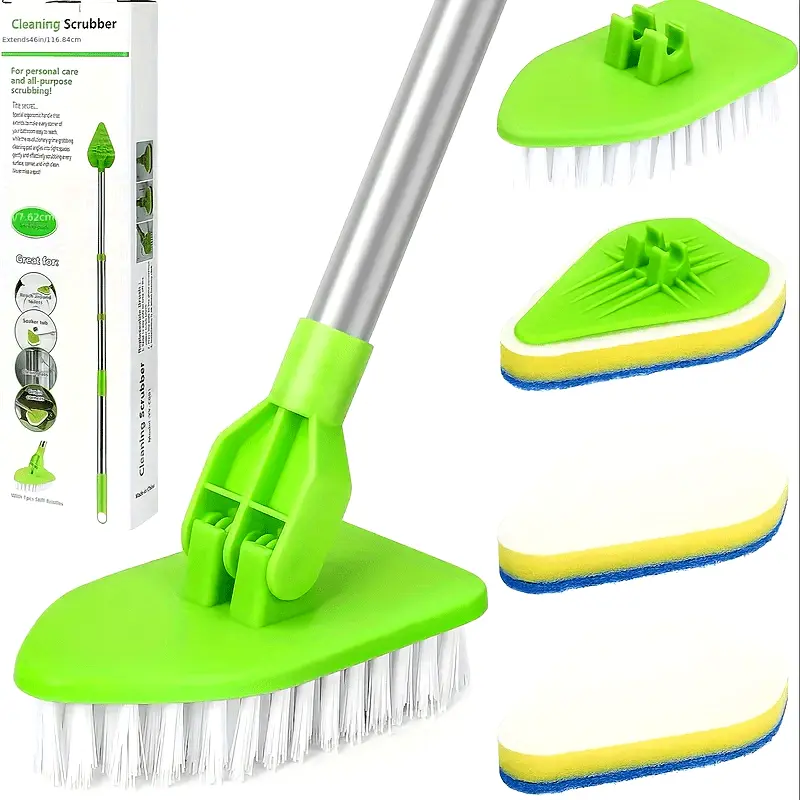 5-piece set of long-handled shower cleaning scrub brushes, 2-in-1 extendable bathtub and tile floor scrub brush, with 3 sponge brushes and 1 hard bristle brush