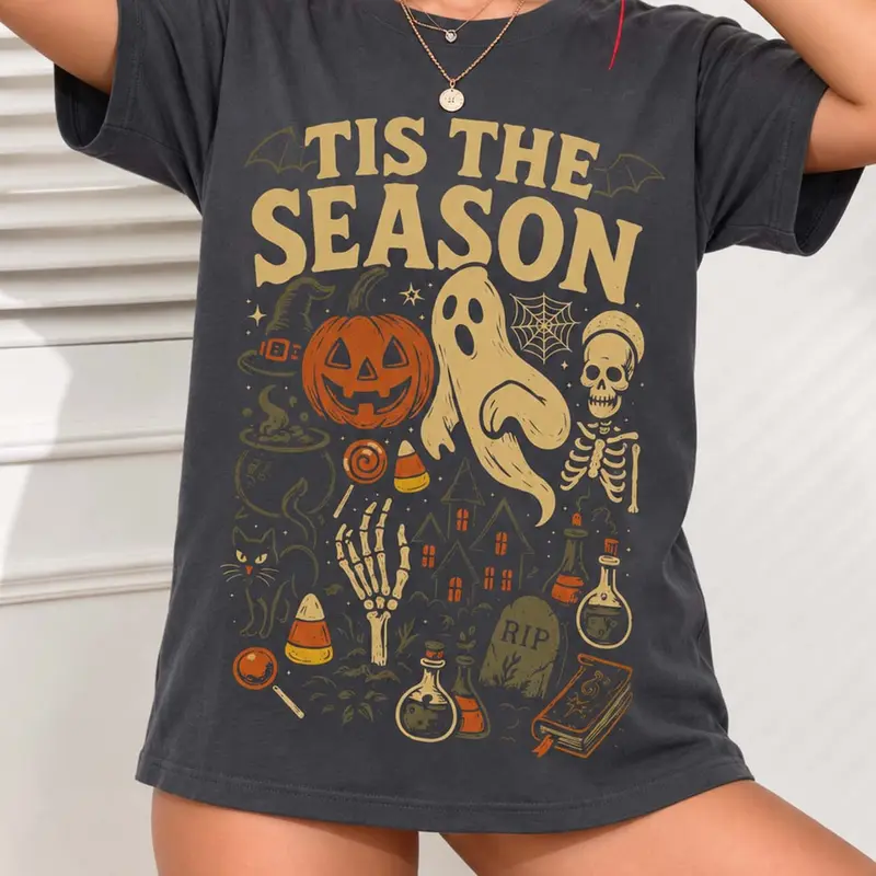 Women's Dark Casual Campus Style T-Shirt, Fashion Streetwear, Vintage Slim Fit, Halloween Pumpkin Cartoon Letters, Comfortable Daily Wear, Graphic Vintage Tees