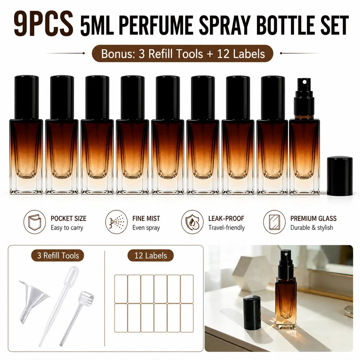 9-Pack 5ML Refillable Perfume Travel Bottles Set, Portable Leak-Proof Mini Spray/roller Bottles, Includes Funnel, Dropper, Label, Glass Dispenser