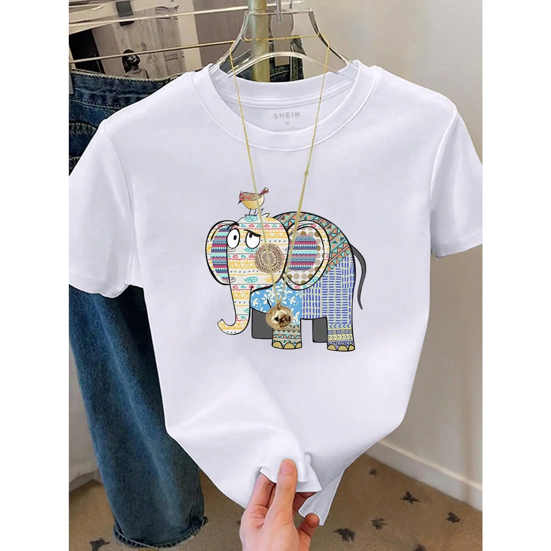 Women's Casual T-Shirt, Halloween Elephant Graphic Print, Short Sleeve Round Neck Regular Fit Cotton Blend, Lady, Shortsleeve, Tshirt, Elephant Print, All Over Print
