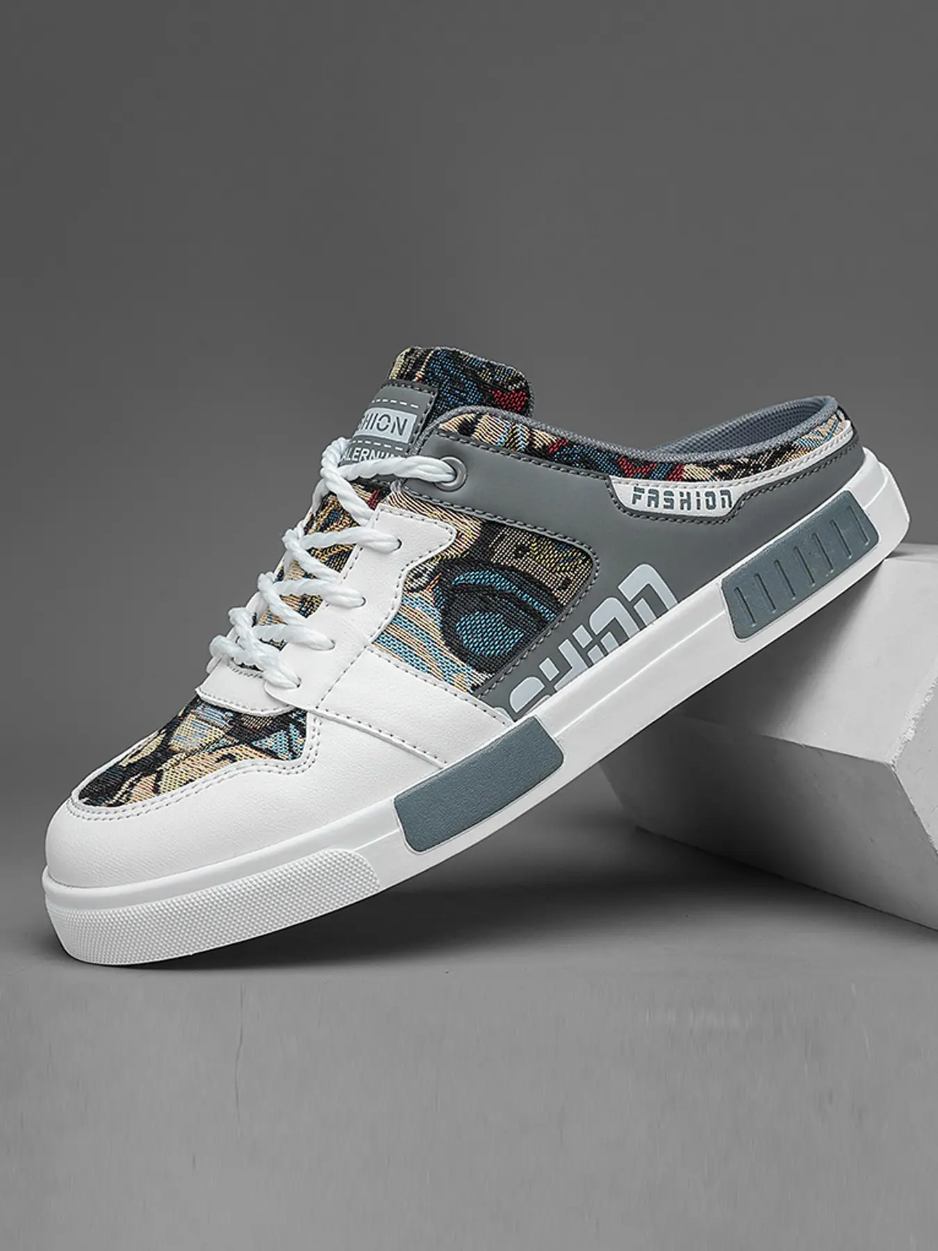 Men's Bear Print Backless Sneakers, Soft Breathable Lightweight Canvas Half Slip-On Shoes, Non-Slip Casual Mules, Lightweight Summer Footwear