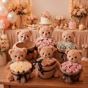 Shappy 6 Sets Bear Centerpieces for Baby Shower Wedding Bridal Decorations Party Table Centerpieces with Bears Straw Baskets Ribbon Pearl Chains for Birthday Gender Reveal Party Decoration Gifts