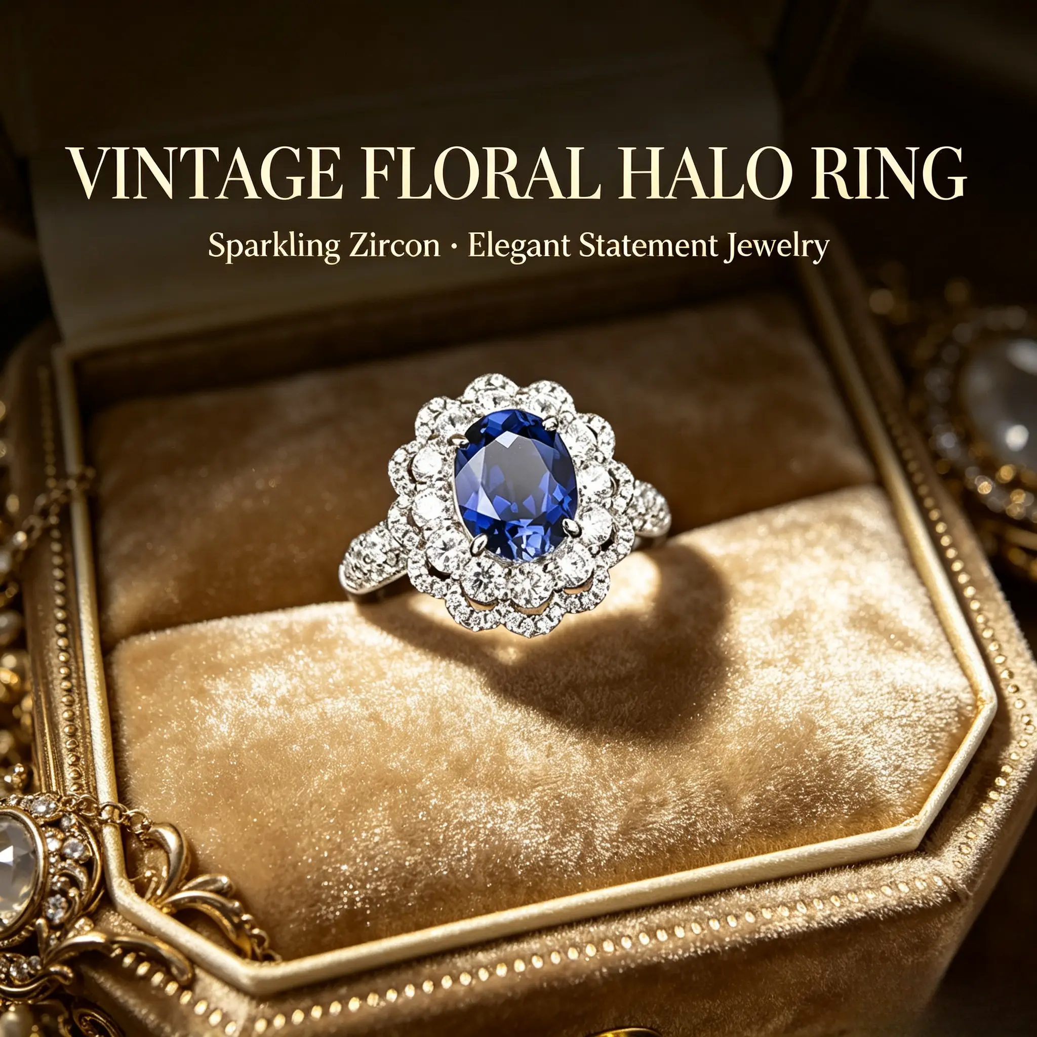 S925 Sterling Silver Oval Blue Sapphire Halo Ring for Women, Vintage Floral Double-Layer Cubic Zirconia Statement Ring, Elegant Wedding Engagement Jewelry, Ideal Gifts for Women & Romantic Gifts for Her for Anniversary Birthday Banquet