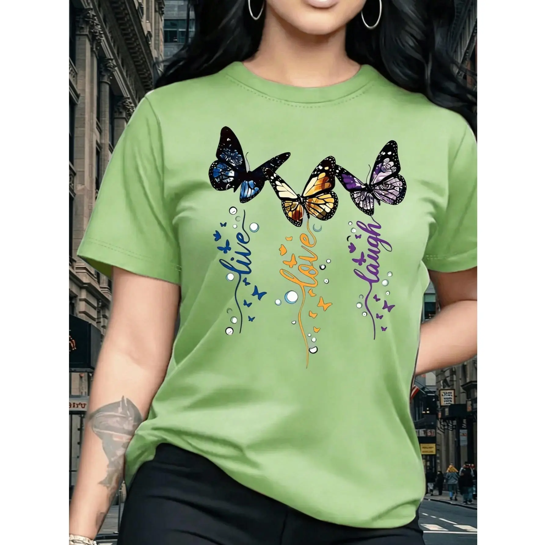 Women's Short Sleeve T-Shirt, Dreamy Colorful Butterfly Pattern Print, Vintage Elegant Exquisite Cute Sexy Sweet Style Round Neck Top, Regular Fit, Women's Gift Birthday Gift, Commuting T-Shirt Party T-Shirt, Soft And Comfortable Fabric