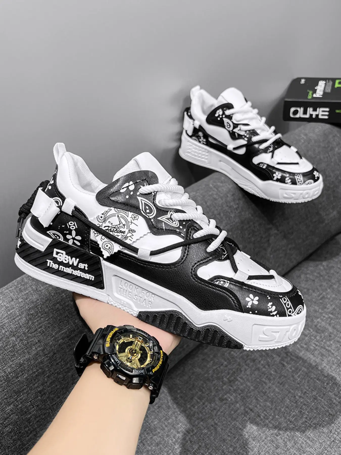 2026 New Men's Vintage Fashion Printed Patchwork Platform Skate Shoes, Skater Shoes, Anti-Slip Lightweight Casual Sneakers, Suitable for Daily Commute, School, Hip Hop Street Leisure and All Occasions, Wearable All Year Round