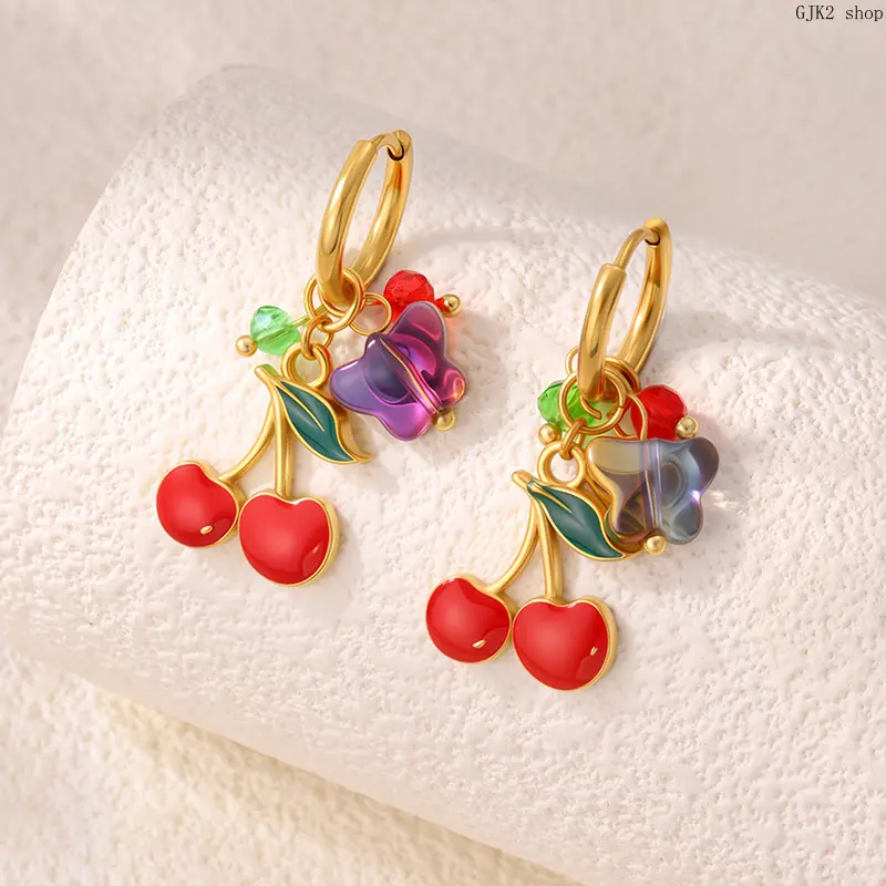 Women's Gold-Tone Enamel Cherry Butterfly Charm Huggie Hoop Earrings - Lightweight Stainless Steel Jewelry with Click Closure, Girly Sweet Dangle Earrings for Females
