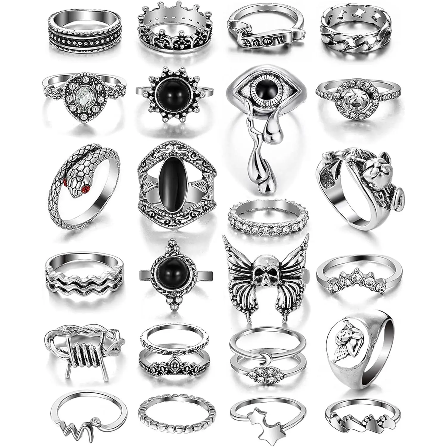26-35 Pcs   Knuckle Rings Set for Women Men, Grunge Gothic Rings Chunky Aesthetic Snake Stackable Adjustable Punk Bulky Finger Alt Fairy Skull Frog Heart  Flower Midi Ring Pack