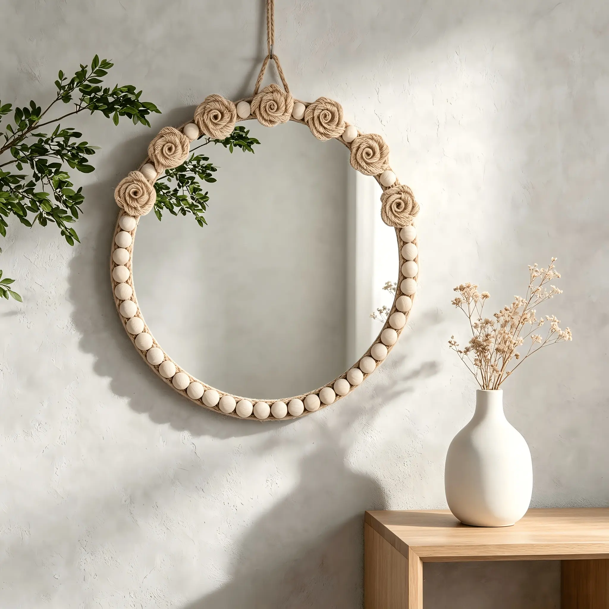 1pc Round Natural Beaded Hanging Wall Home Decorative Mirror Boho Cottagecore Style Handmade Jute Rose & Wooden Bead Frame Aesthetic Decor Decorative Mirrors for Wall Decor for Bedroom, Living Room, Dorm & Apartment