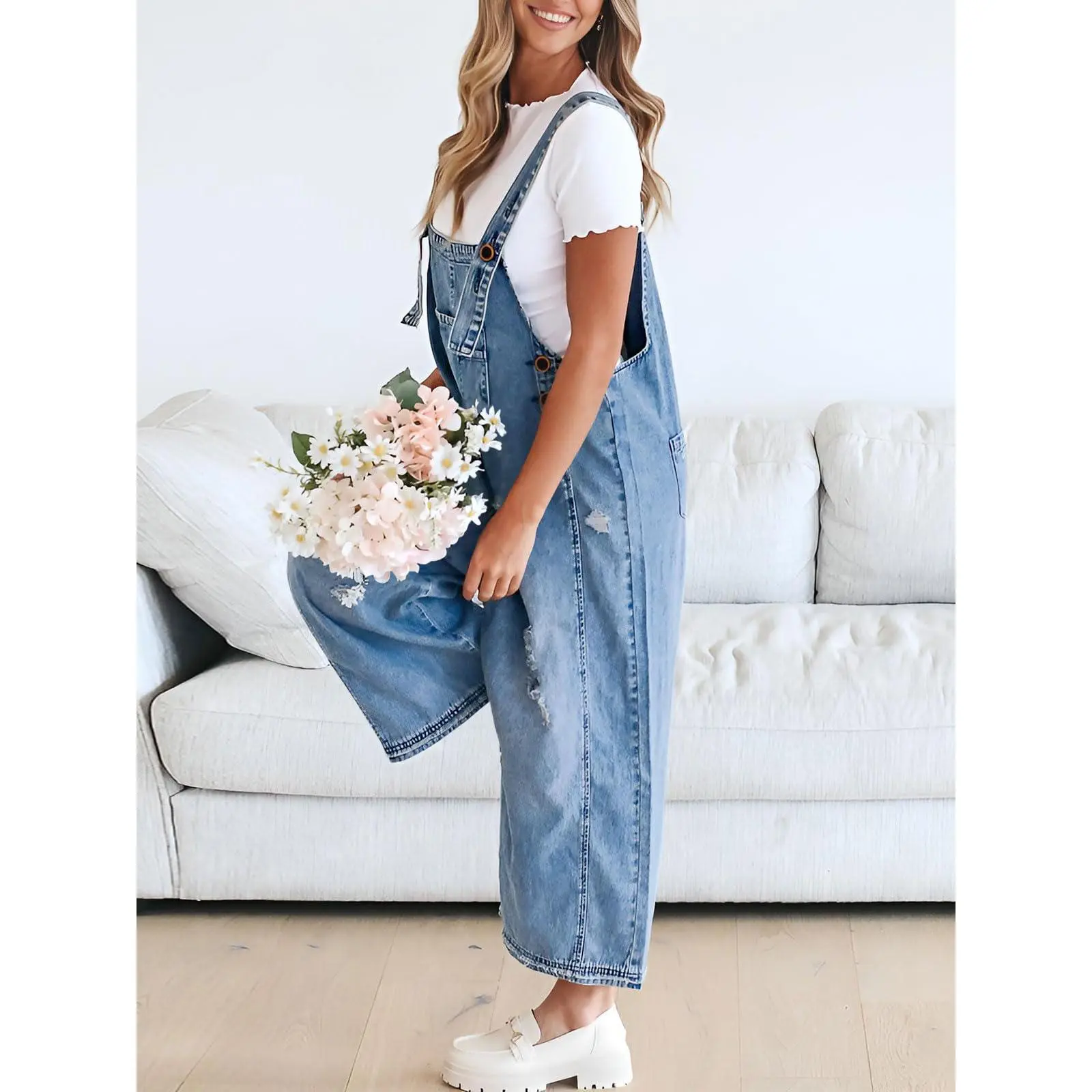 Imily Bela Women's Denim Overalls Casual Jumpsuits Loose Fit Adjustable Strap Distressed Bib Jeans Overall Jumpsuits woman jumpsuit Clothes Blue