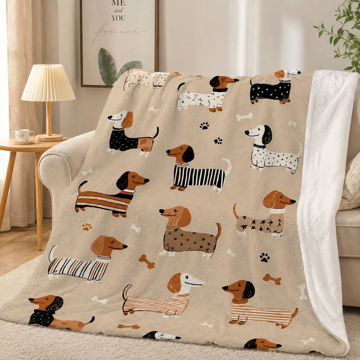 Cute Dachshund Flannel Fleece Blanket, Wiener Dog Paw Print Throw Blanket, Soft Lightweight Doxie Blanket for Couch Bed, Dog Lover Gift, Cozy Pet Home Decor