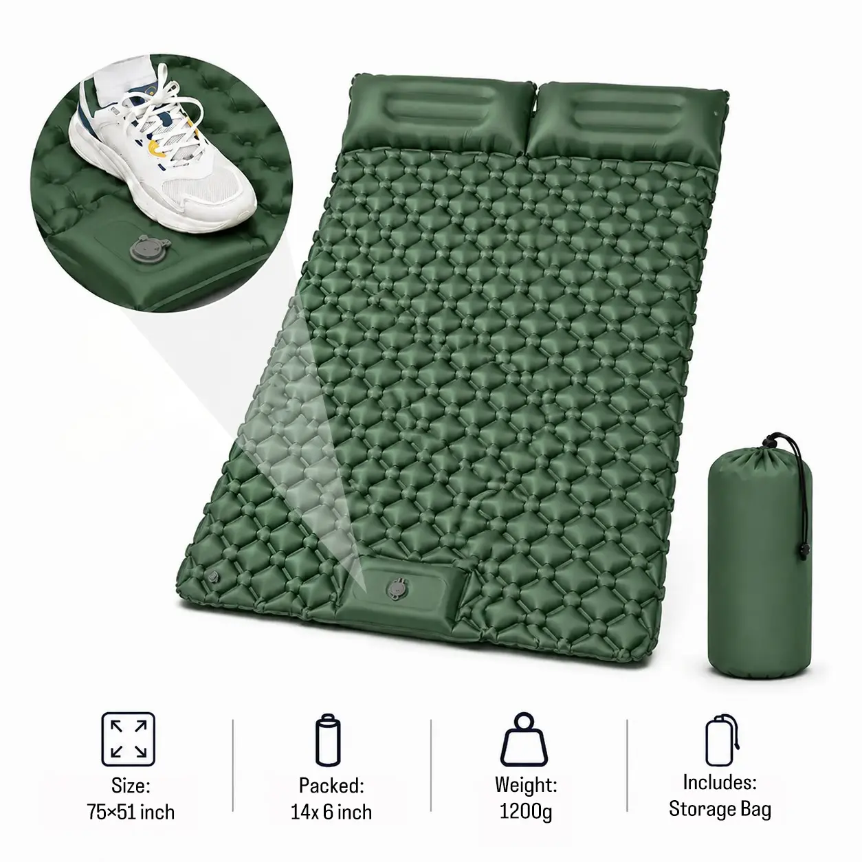 Inflatable Camping Sleeping Pad, Portable Twin Size, Lightweight Waterproof, No Pump Needed, Ideal for Hiking, Travel, Outdoor Adventures