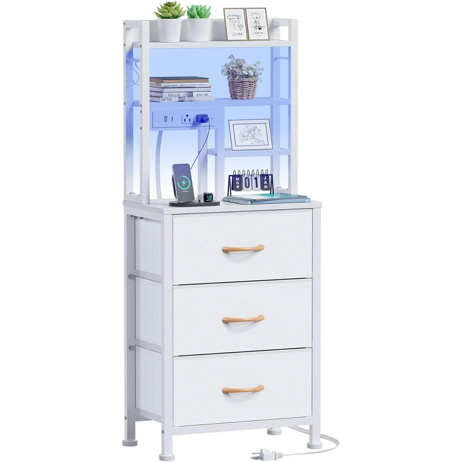 Tall Nightstand with LED Lights and 3 Tier Shelves, Night Stand with 3 Fabric Drawers, 45.3inch Tall Bedside Tables with USB Ports and Outlets in Bedroom, Dorm, Office (White)