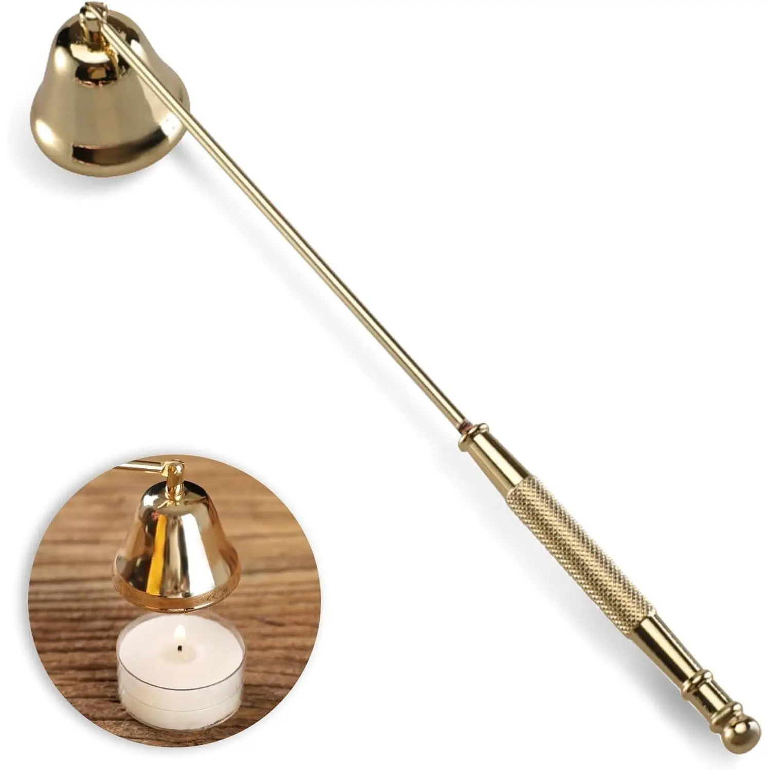 Stainless Steel Candle Snuffer Extinguisher, Long Handle Wick Flame Snuffer with Gold Accessory for Safe Wick Flame Extinguishing