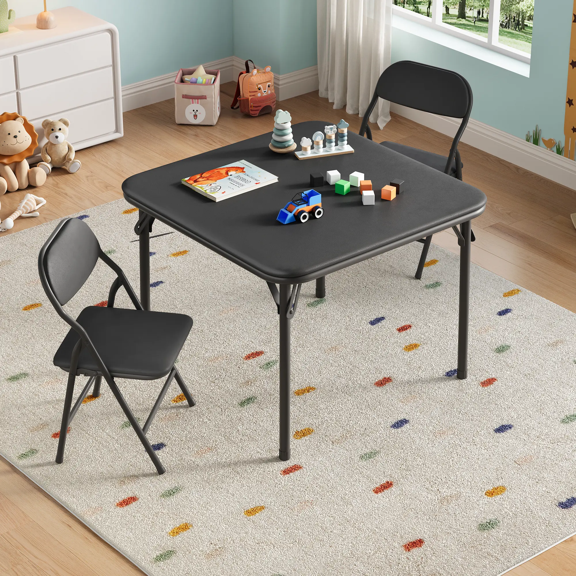 Kids Folding Table and Chair Set, 3-Piece Toddler Activity Table Set with 2 Padded Folding Chairs, Space Saving PU Leather Play Table for Drawing, Learning, Eating, Black