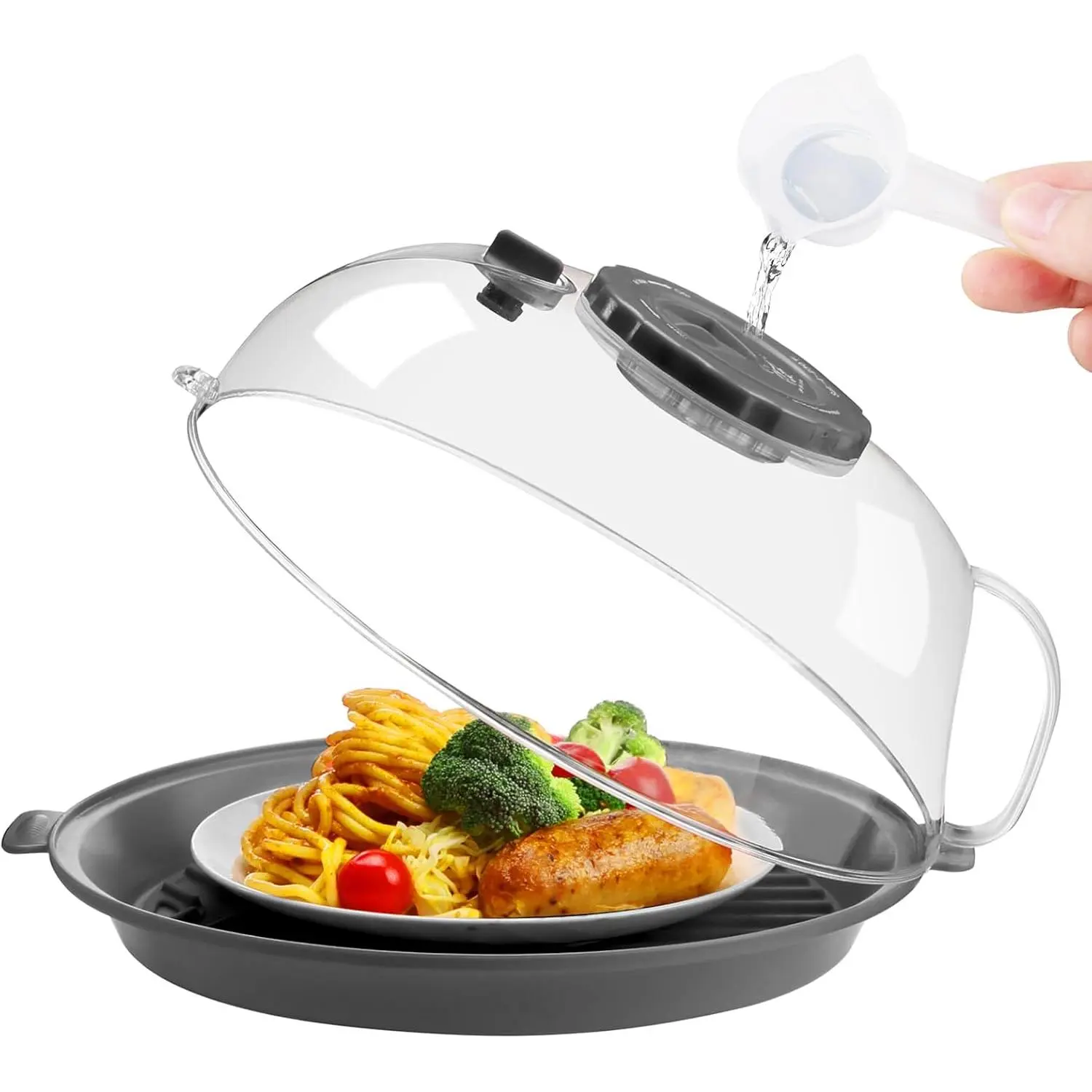 Microwave Splatter Cover Lid for  10.2 Inch with Water Steamer, Clear Microwave Splash Guard Cooker Lid with Plate, Dish Bowl Plate Serving Cover Cookware High Transparent Plastic Grey