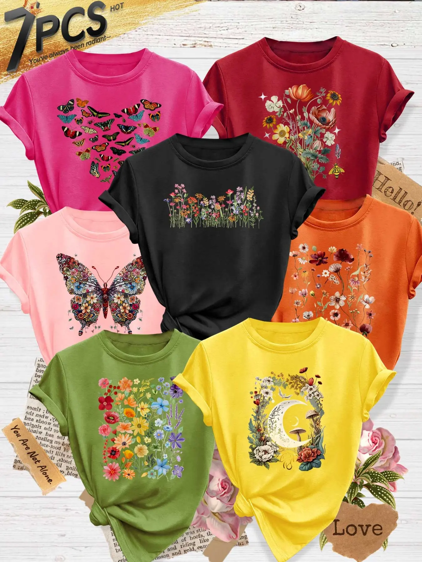 7Pcs Women Casual Summer Crew Tee, Floral Sunflower Moon Butterfly Heart Wildflower Art Print, multi-color washable soft top