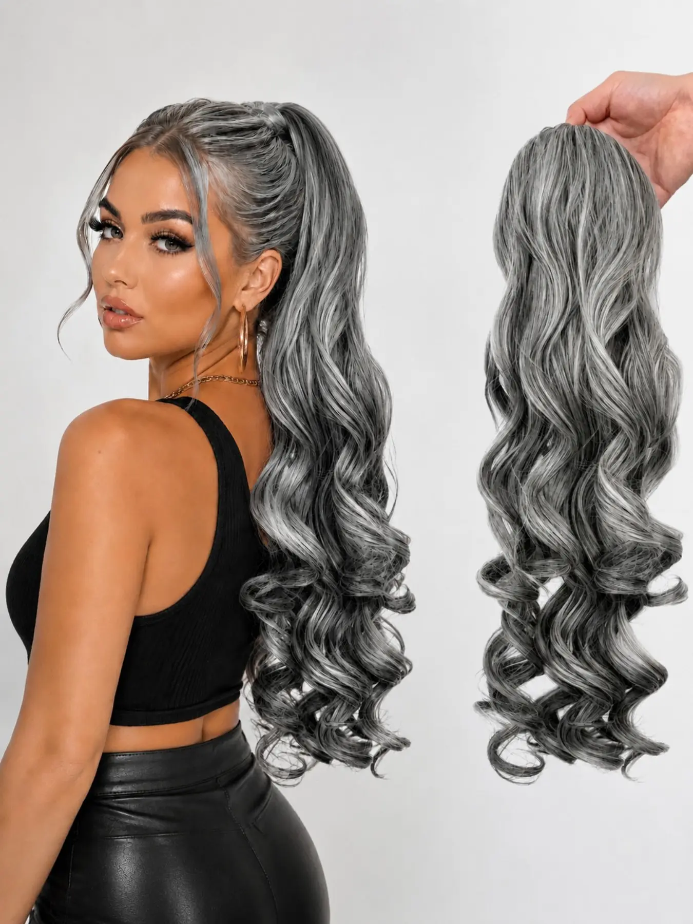 Ash Grey Lazy French Big Wave Ponytail Extension, Natural Layered Long Loose Wavy Hairpiece, Realistic Heat Resistant Synthetic Hair, Volumizing Hair Accessory for Thin Hair, Valentine's Day, Easter, Daily Commute, Bridal Wedding Prom Party