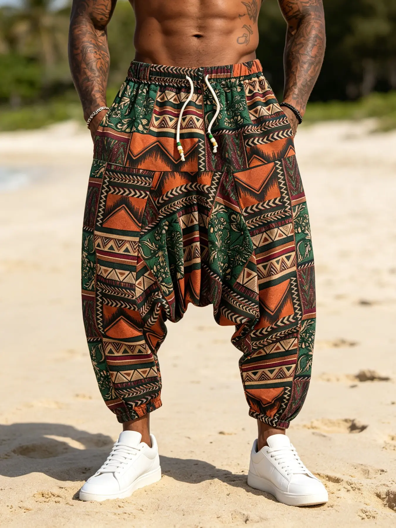 Men's Aztec Print Harem Pants, Elastic Waist Baggy Casual Trousers, Bohemian Street Trousers, Ideal for Beach Vacation, Streetwear & Yoga