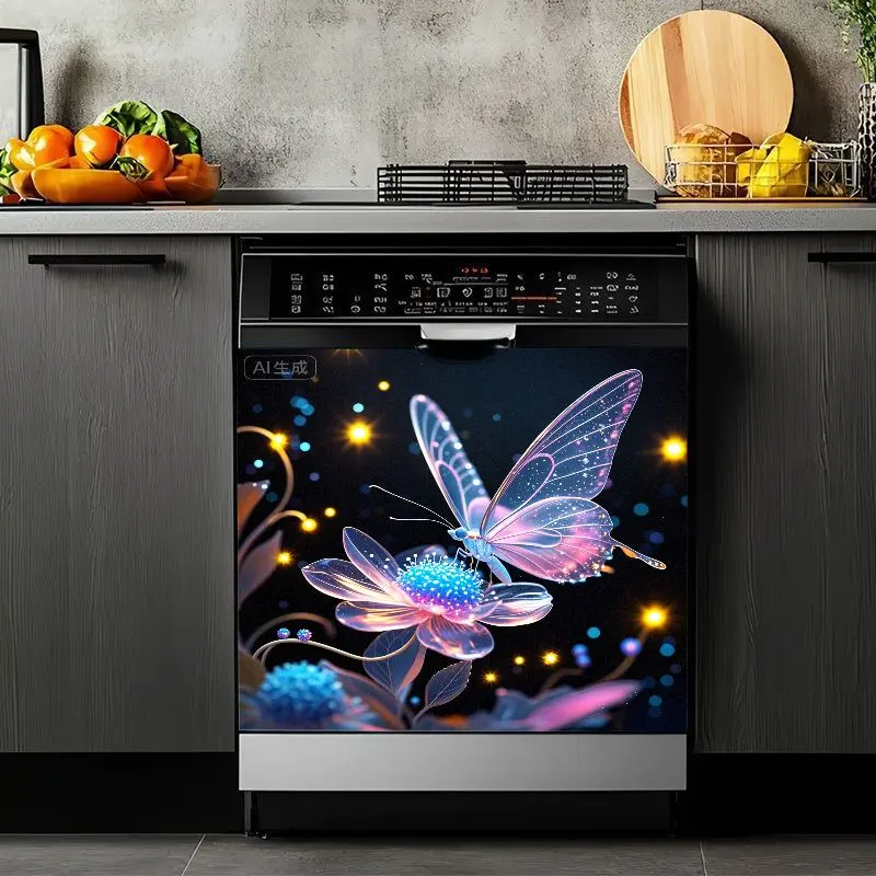 2D Flat 2Pcs Luminous Butterfly Dishwasher Cover Sticker Magical Glowing Floral Design Waterproof Decorative Appliance Front Panel Decal for Kitchen Home Decor Removable Self Adhesive Modern Art Refrigerator