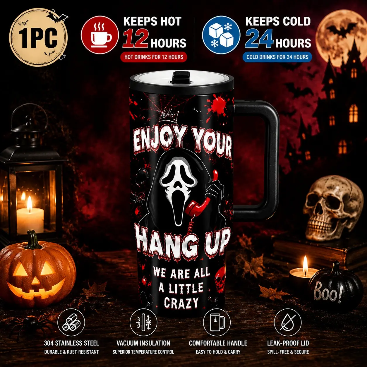 40oz Midnight Scream Series Insulated Cup, Halloween Horror Stainless Steel Travel Mug, Skull Design, 24h Cold, 12h Hot, Car Holder Compatible