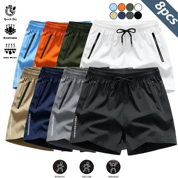 Men's 8-Pack Athletic Shorts, Quick-Dry Lightweight Fabric with Zippered Pockets and Adjustable Waist for Gym, Running, Workouts, Men's Shorts, Zip Pockets, Stretch Fit, Activewear Men's Shorts