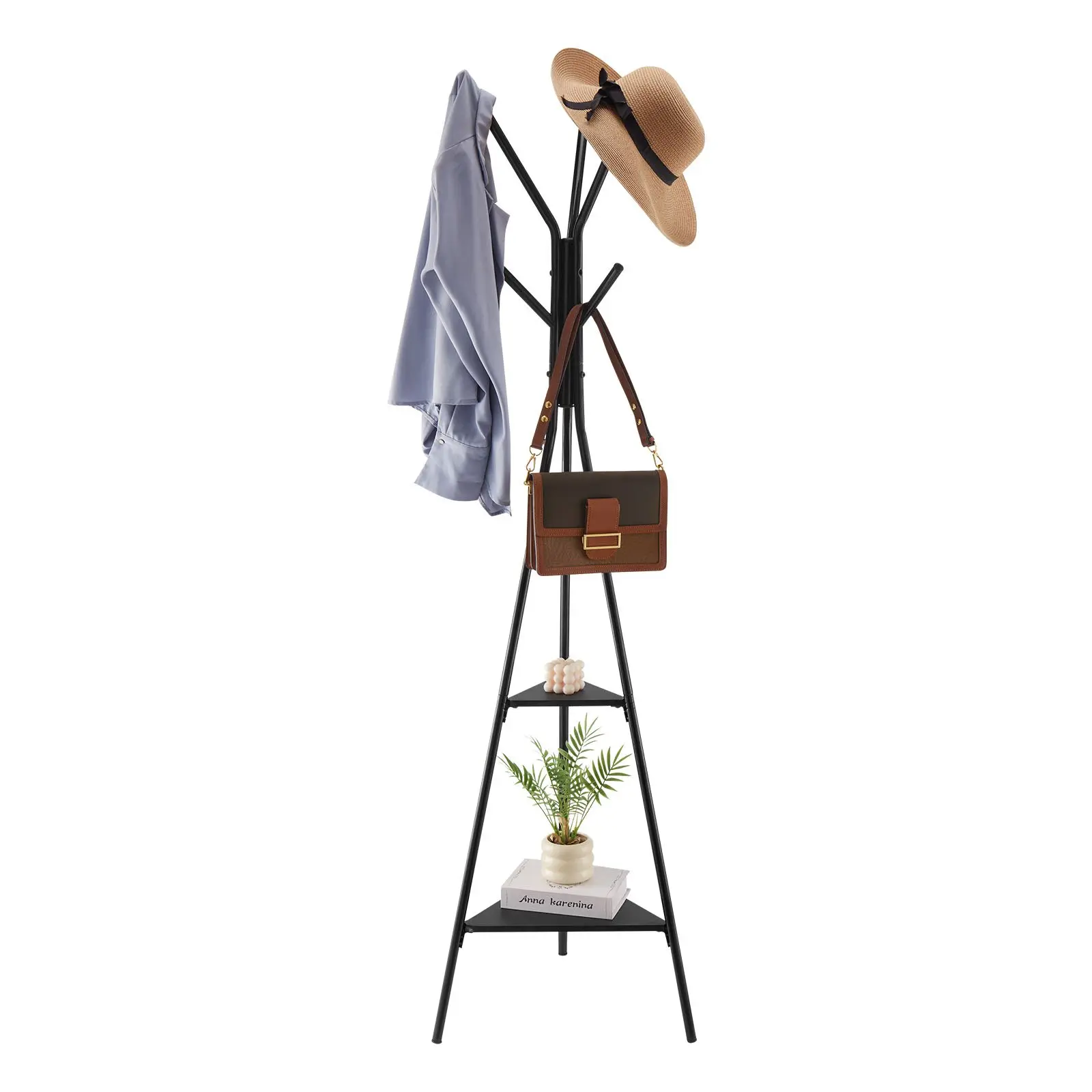 VEVOR Coat Rack, Freestanding Coats Rack Stand with 2 Shelves & 6 Hooks, Free Standing Hall Coat Tree for Entryway, Bedroom, Living Room, Modern Clothes Hanger Stand for Coats, Hats, Scarves, Handbag