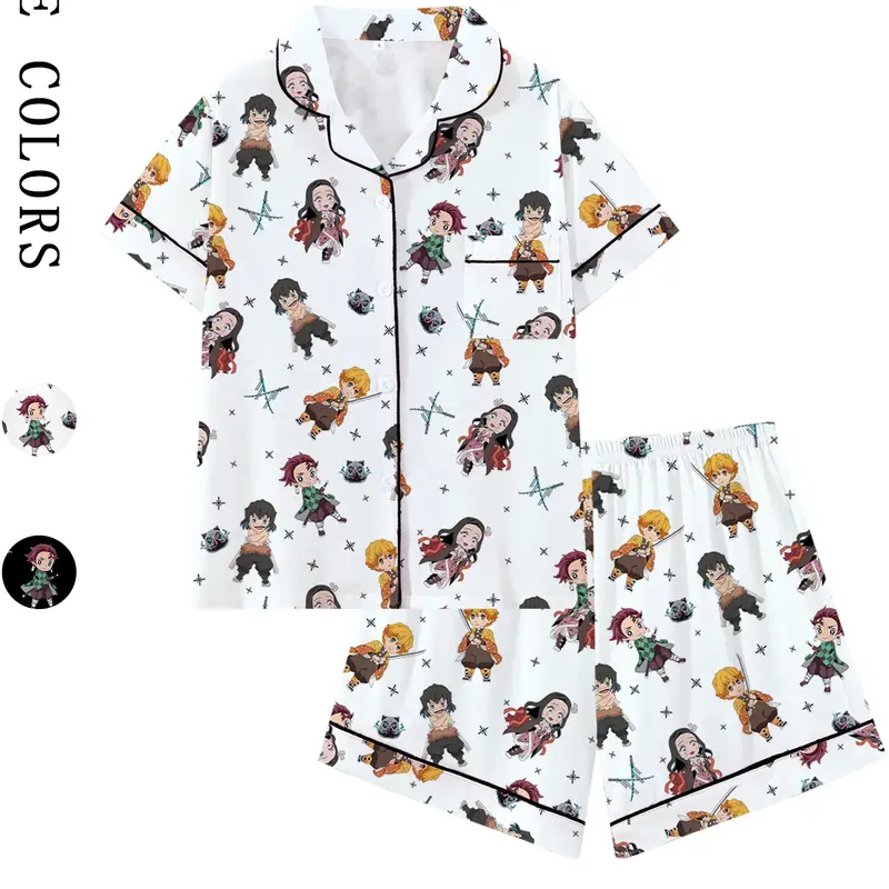 Men's & Teens' Anime Demon Slayer Collared Short Sleeve Fitted Pajama Set, Comfortable Casual Sleepwear & Loungewear for All Seasons, Anime Pajamas Pjs Pyjamas Gift, Pyjama Sets