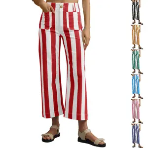 Danedvi Womens Cropped Striped Jeans Casual High Waisted Stretchy Straight Leg Denim Pants with Pockets