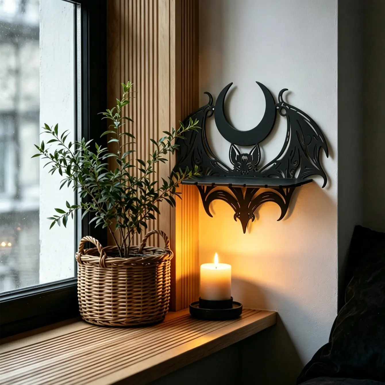 Dark Gothic Bat Crescent Wooden Shelf, Witch Style, Vintage Subculture, Dark Bedroom, Unique Aromatherapy Storage, Crystal Display Rack, Decor