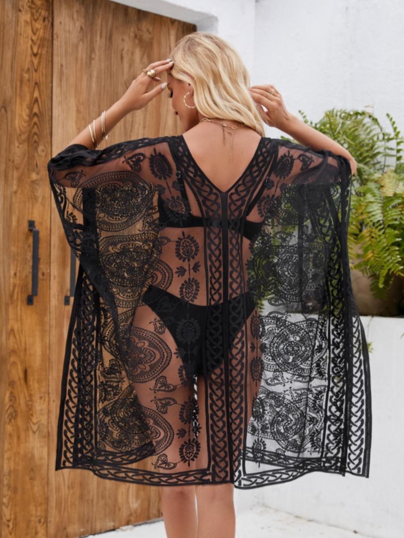 Women's Ethnic Pattern Hollow Out Lace Cover Up, Casual V Neck Long Sleeve Cover Up for Beach Holiday Vacation, Ladies Swimwear for All Seasons, Swimsuit Cover Ups