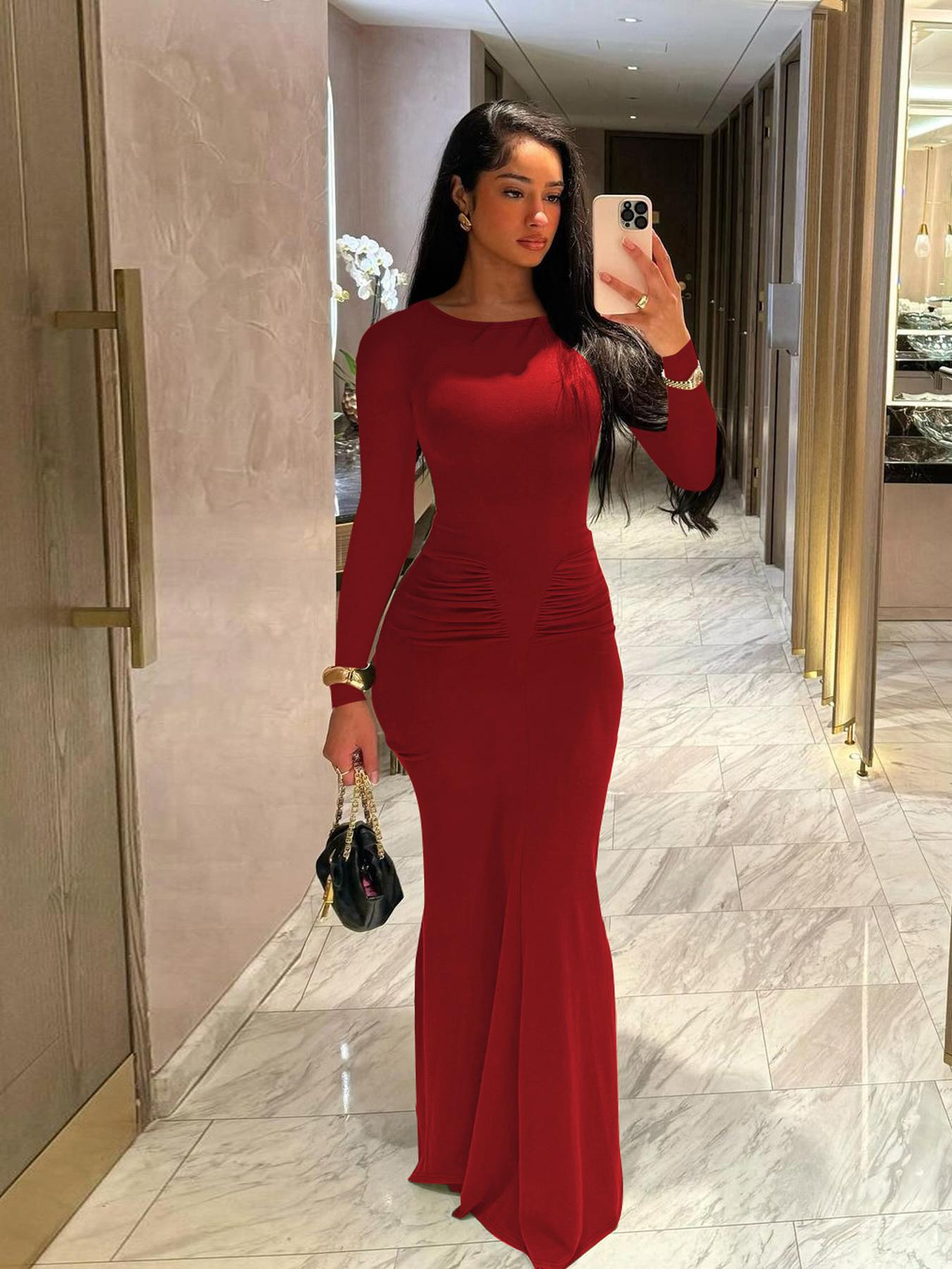 Women's Elegant Ruched Long Sleeve Bodycon Long Dress, Solid Color Party Club Dating Dress for Women