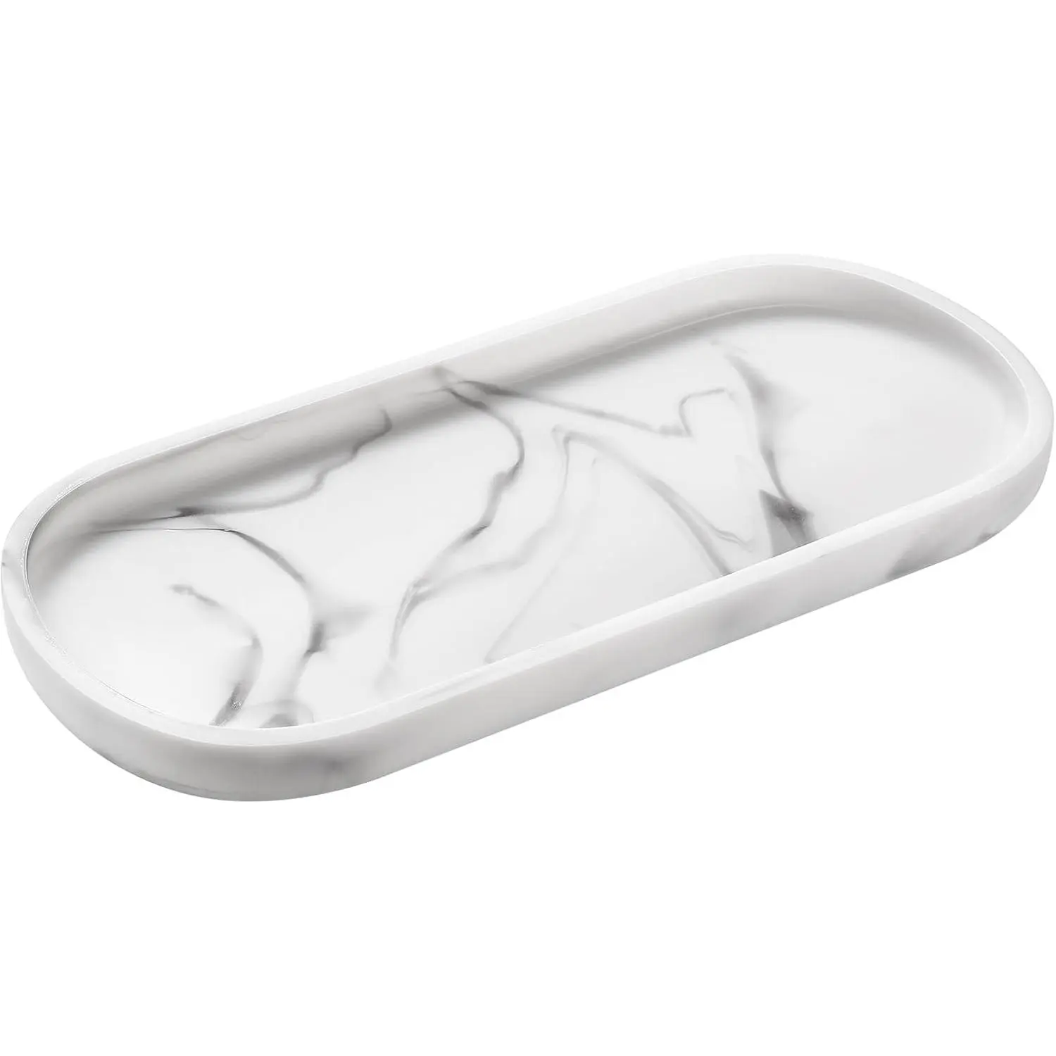 Oval Vanity Tray, 10" Bathroom Countertop Organizer Tray, Resin Marble Tray for Kitchen Sink Sponge Holder Soap Dispenser Perfume Jewelry Candle, Small, White Marble
