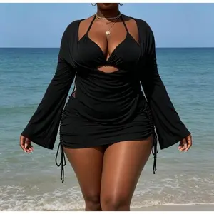 Plus Size Black 4-Piece Swimwear Set - Halter Neck Bikini  with Center Cutout, Ruched Side-Tie Swim Dress and Sheer Mesh Bell Sleeve Cover-Up, Perfect for Beach Vacations, Pool Parties and Tropical Getaways Summer Vibes