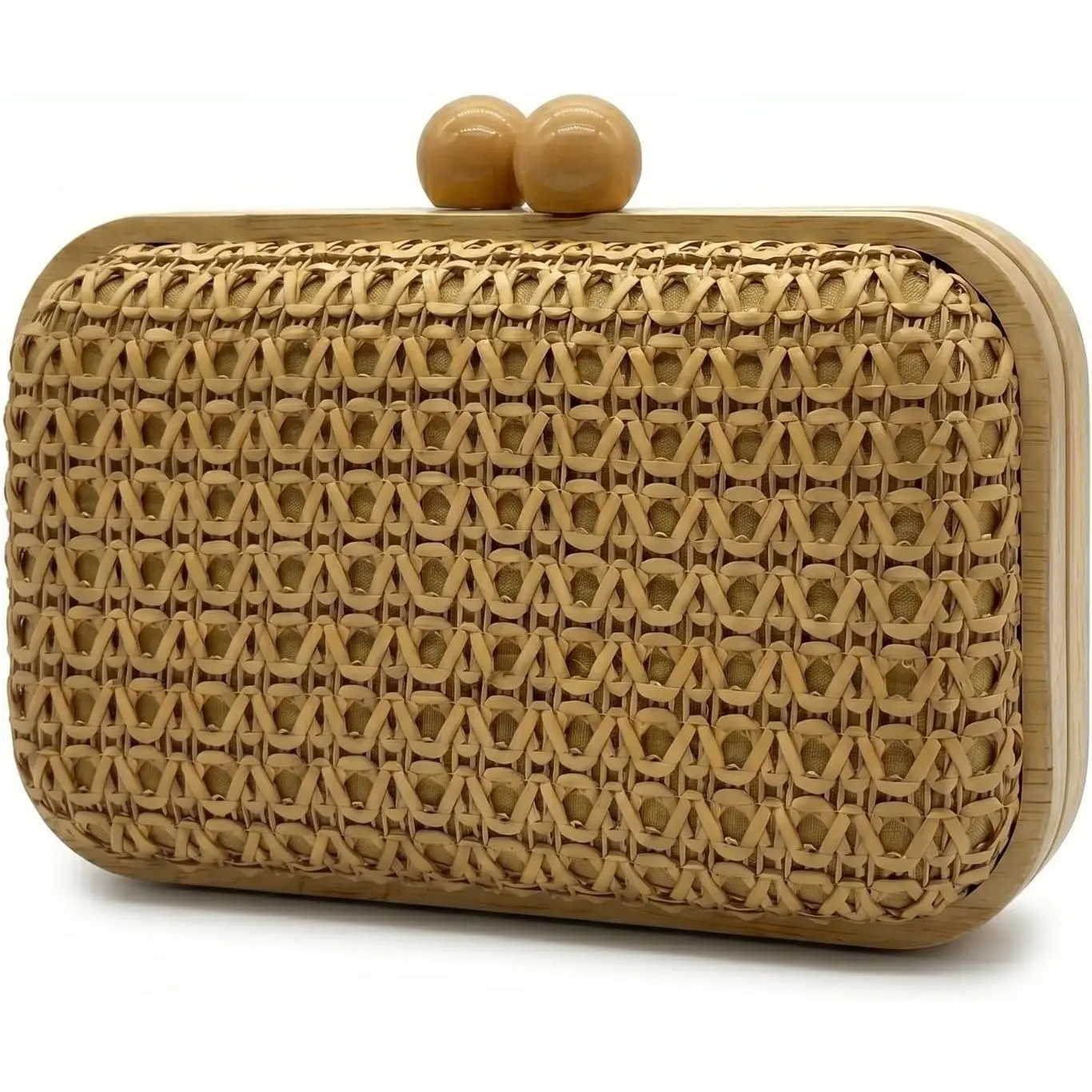 Rattan Clutch Purses for Women Faux Straw Woven Beachy Handbag with Wooden Frame Detachable Metal Chain Summer