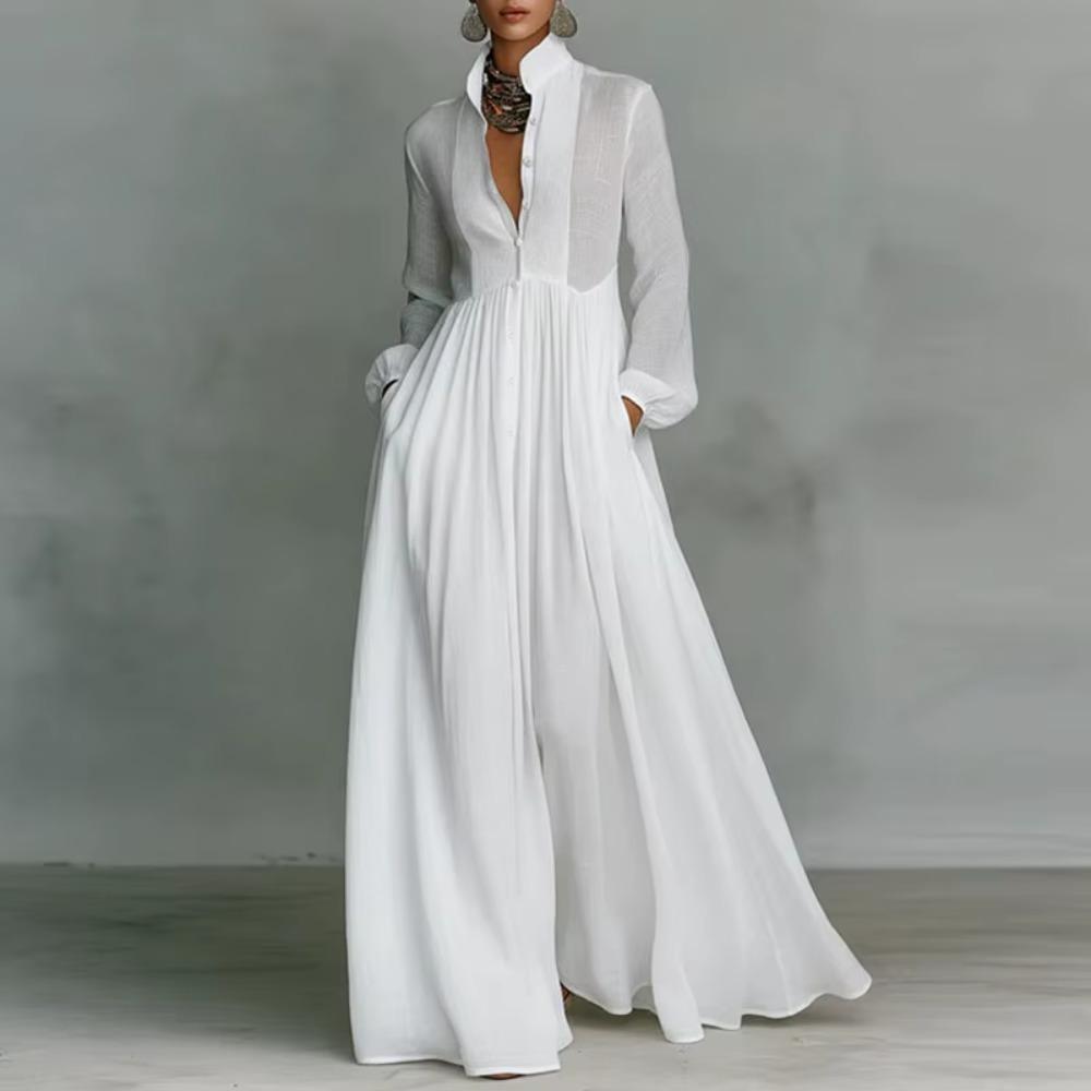 Elegant Boho Maxi Shirt Dress for Women Long Sleeve Button Down Flowing Pleated High Waist Loose Fit Resort Vacation Dress Spring Summer 2026 Trend Breathable Fabric - Beach, Casual Lightweight
