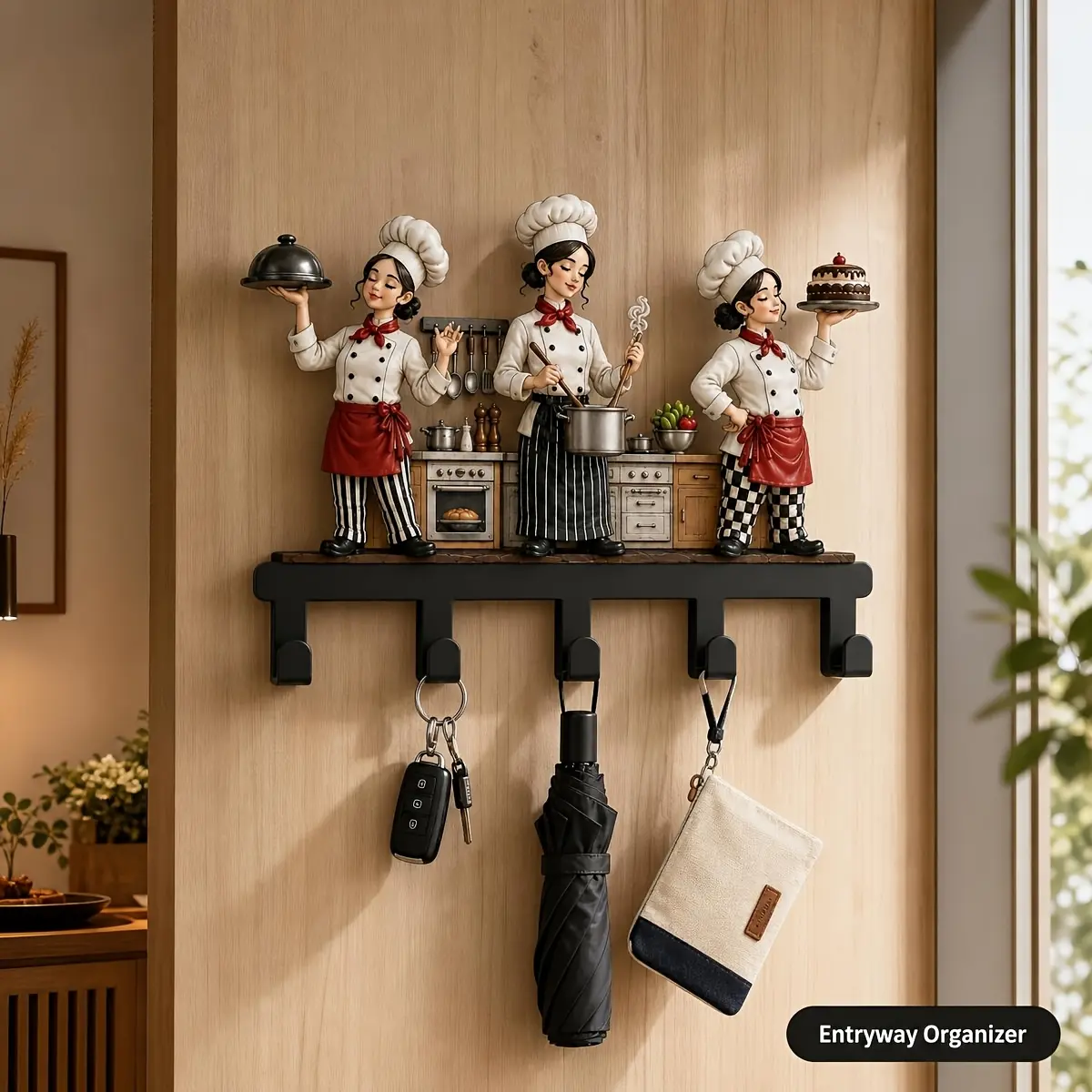Decorative Hooks with Three Female Chef Figurines, 5-Hook Multi Hooks Storage Rack for Kitchen, Home & Dining Room. Holiday Decor, New Home Ornament, Christmas Decor, Halloween Decor