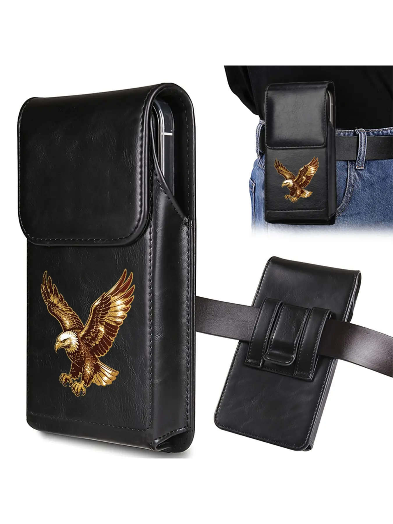 A unique and eye-catching men's waist bag belt bag decorated with a golden feather eagle spreading its wings and flying pattern, perfect for fashionable trendsetters. Compatible with multiple phone models, it is a perfect birthday/Halloween/Christmas gift