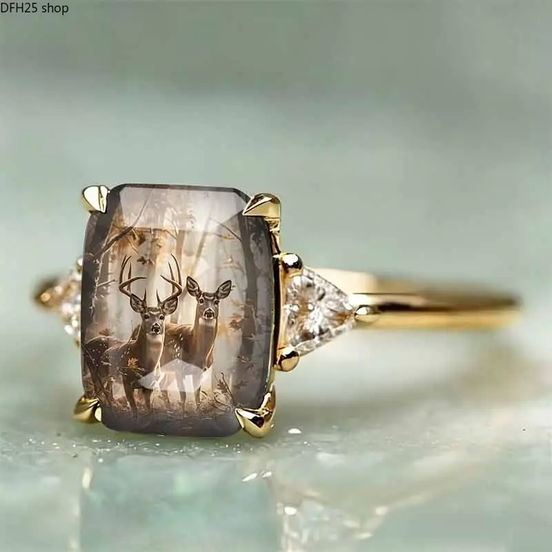 Vintage Deer Forest Open Ring For Women Gold Tone Alloy Band With Woodland Animal Artwork Square Stone Design Adjustable Statement Jewelry For Daily Wear