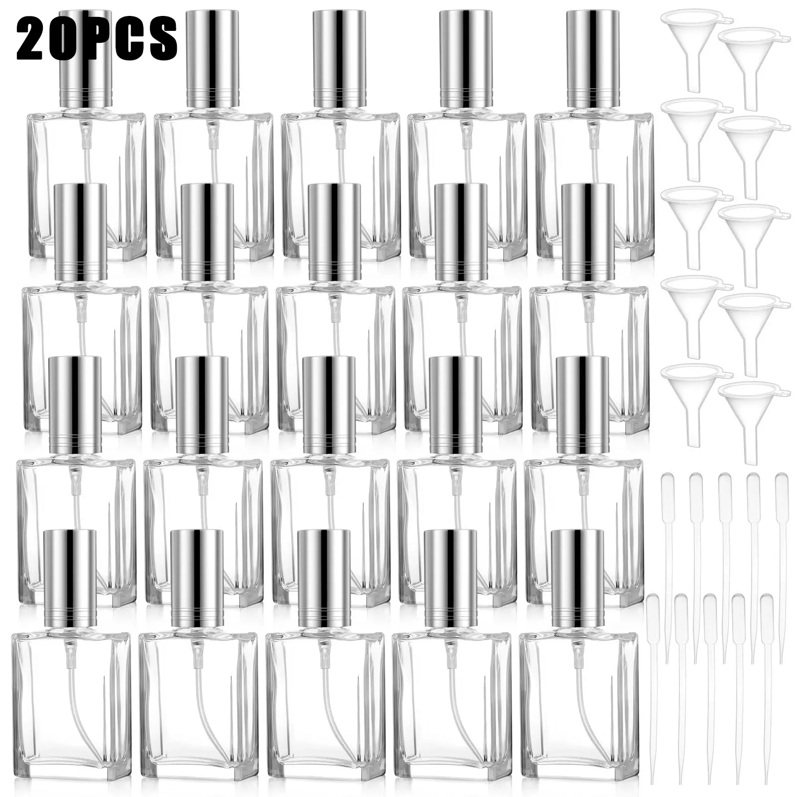 20-Pack 15ML Transparent Clear Glass Spray Bottles, Portable Square Empty Perfume Sprayers, Reusable Fragrance Bottles with 10 Droppers and 10 Funnels