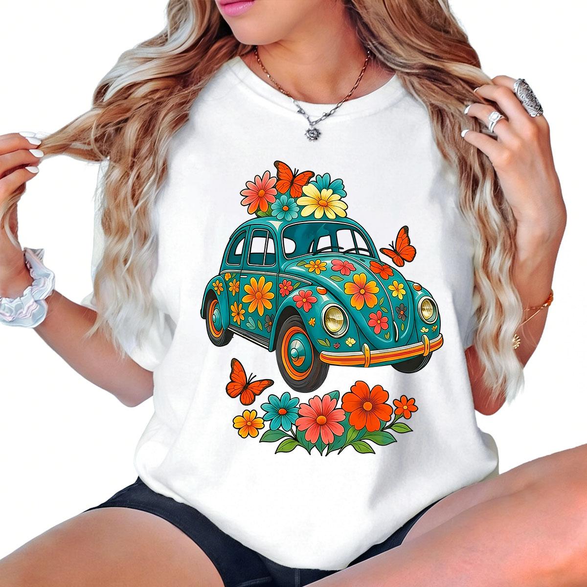 Vintage Turquoise Floral T-Shirt Casual Perfect For Daily And Party Wear Made In USA For Women For Men [ZinniaZip cotton t-shirt/sweatshirt/hoodie, soft and comfortable]